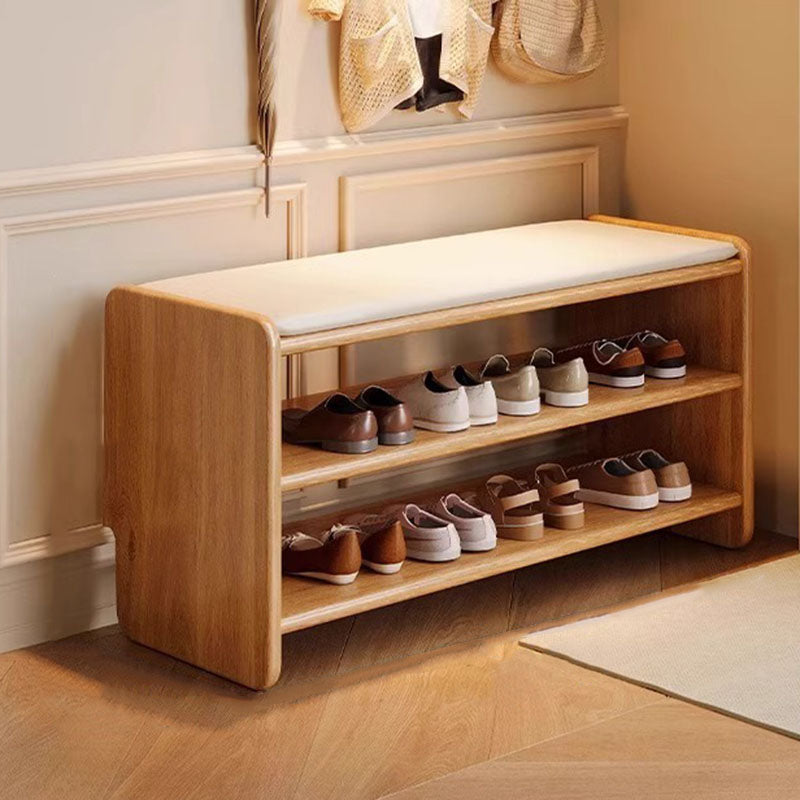 Modern Minimalist Solid Wood PU Leather Rounded-Rectangle 2-Tier Shoe Bench for Living Room – Sleek Storage and Seating