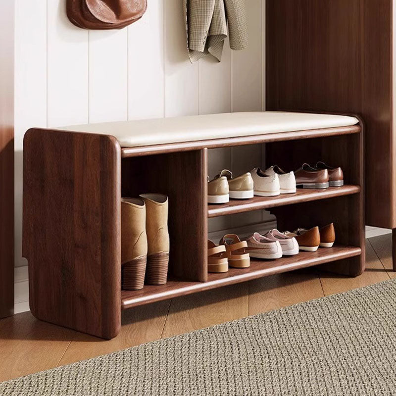 Modern Minimalist Solid Wood PU Leather Rounded-Rectangle 2-Tier Shoe Bench for Living Room – Sleek Storage and Seating