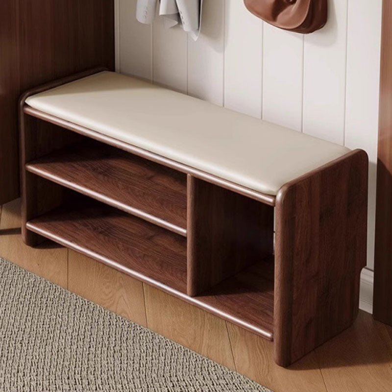 Modern Minimalist Solid Wood PU Leather Rounded-Rectangle 2-Tier Shoe Bench for Living Room – Sleek Storage and Seating