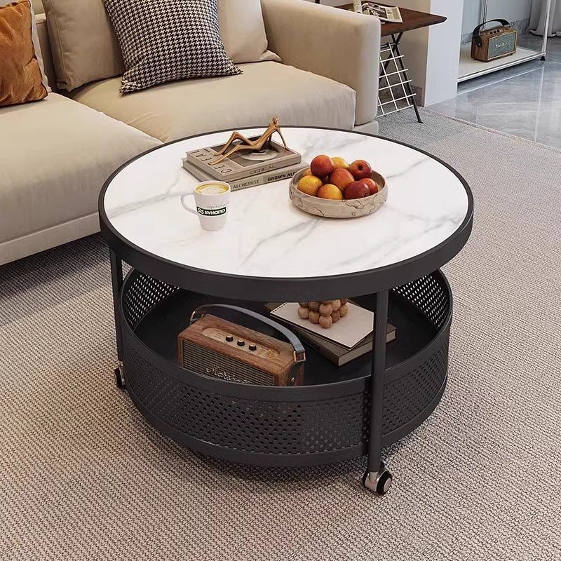 Scandinavian-Style Contemporary Metal Slab Round Side Table, Movable with Two-Tier End Table for Living Room