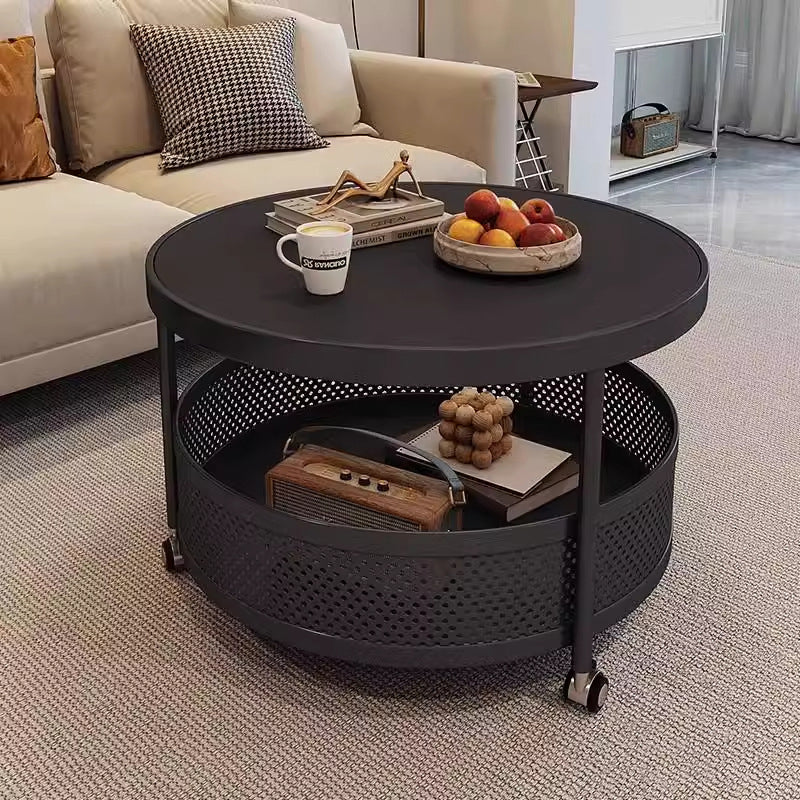 Scandinavian-Style Contemporary Metal Slab Round Side Table, Movable with Two-Tier End Table for Living Room