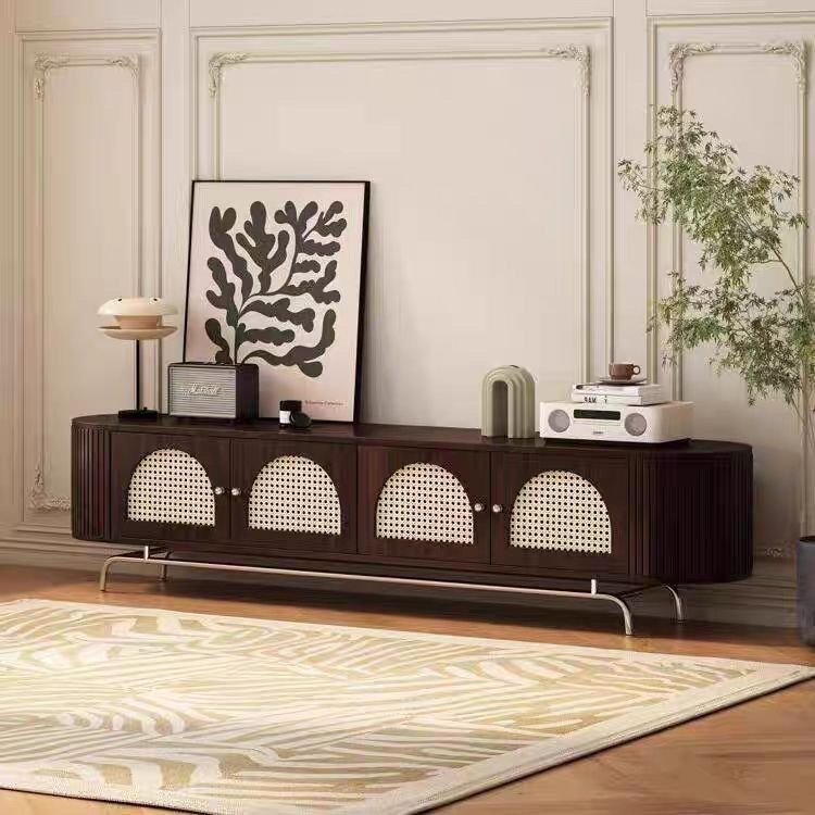 Traditional Chinese Pine Wood TV Stand with Rattan and Stainless Steel - Long Oval Arch Design, 4 Storage Compartments, for Living Room