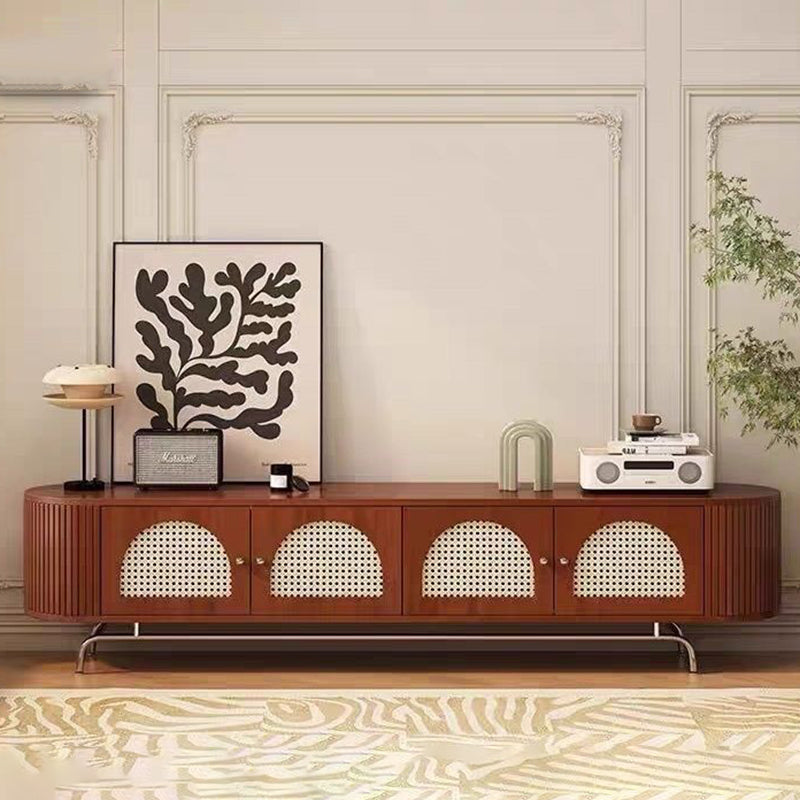 Traditional Chinese Pine Wood TV Stand with Rattan and Stainless Steel - Long Oval Arch Design, 4 Storage Compartments, for Living Room