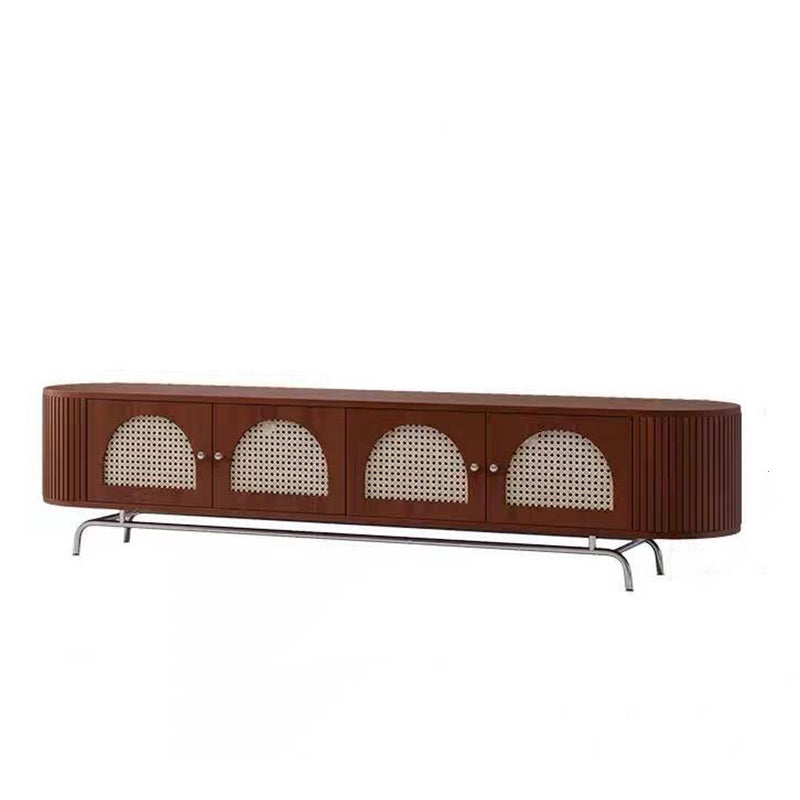 Traditional Chinese Pine Wood TV Stand with Rattan and Stainless Steel - Long Oval Arch Design, 4 Storage Compartments, for Living Room