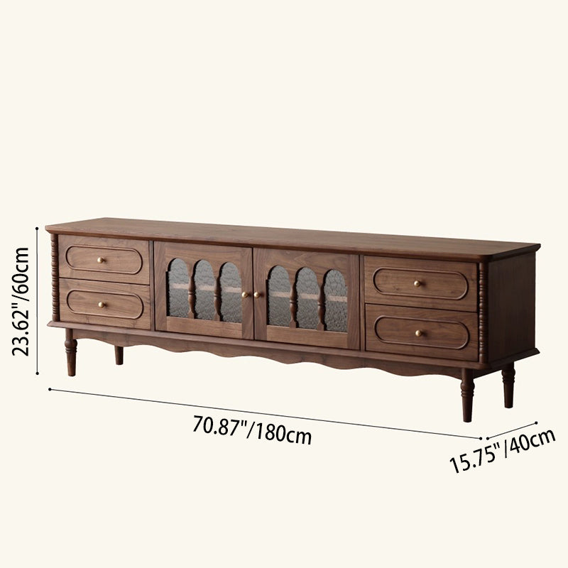 Elegant Traditional French Black Walnut Wood Curved-Front TV Stand with 4 Drawers for Living Room