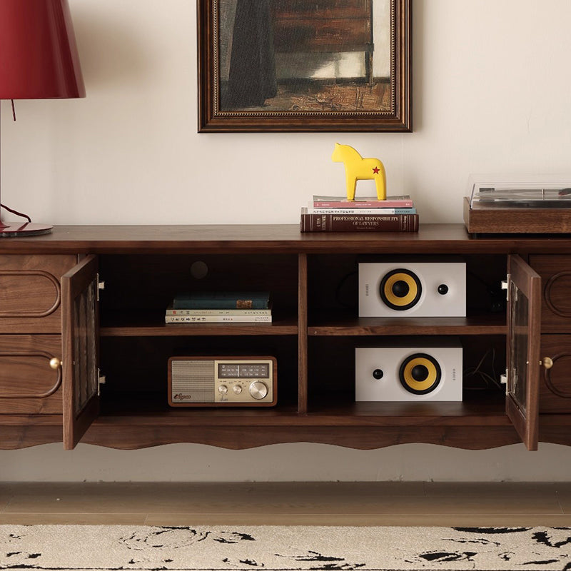 Elegant Traditional French Black Walnut Wood Curved-Front TV Stand with 4 Drawers for Living Room