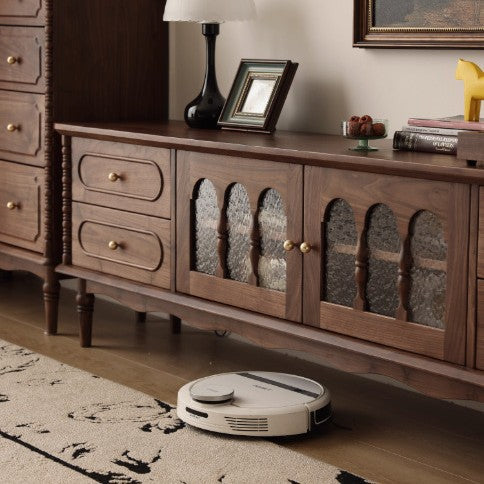 Elegant Traditional French Black Walnut Wood Curved-Front TV Stand with 4 Drawers for Living Room