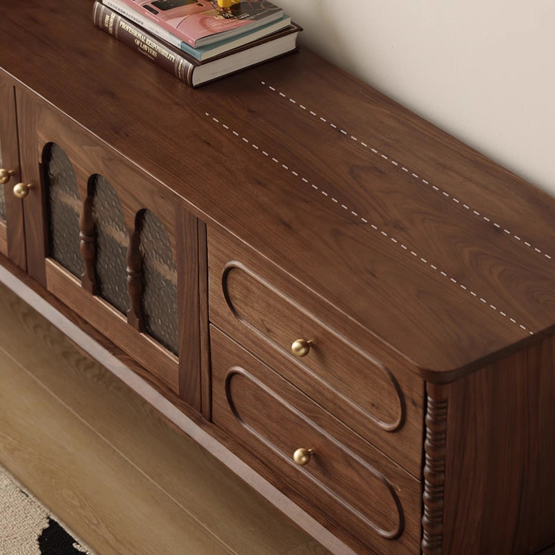 Elegant Traditional French Black Walnut Wood Curved-Front TV Stand with 4 Drawers for Living Room