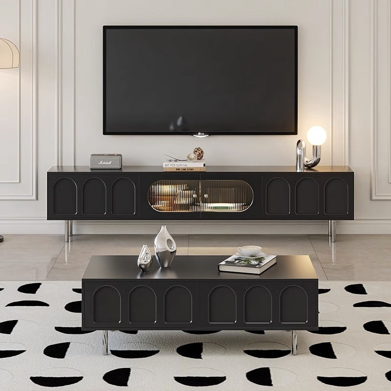 Traditional French-Style Engineered Wood TV Stand with Stainless Steel and Glass, Cylindrical-Rectangular Design, 2 Drawers for Living Room