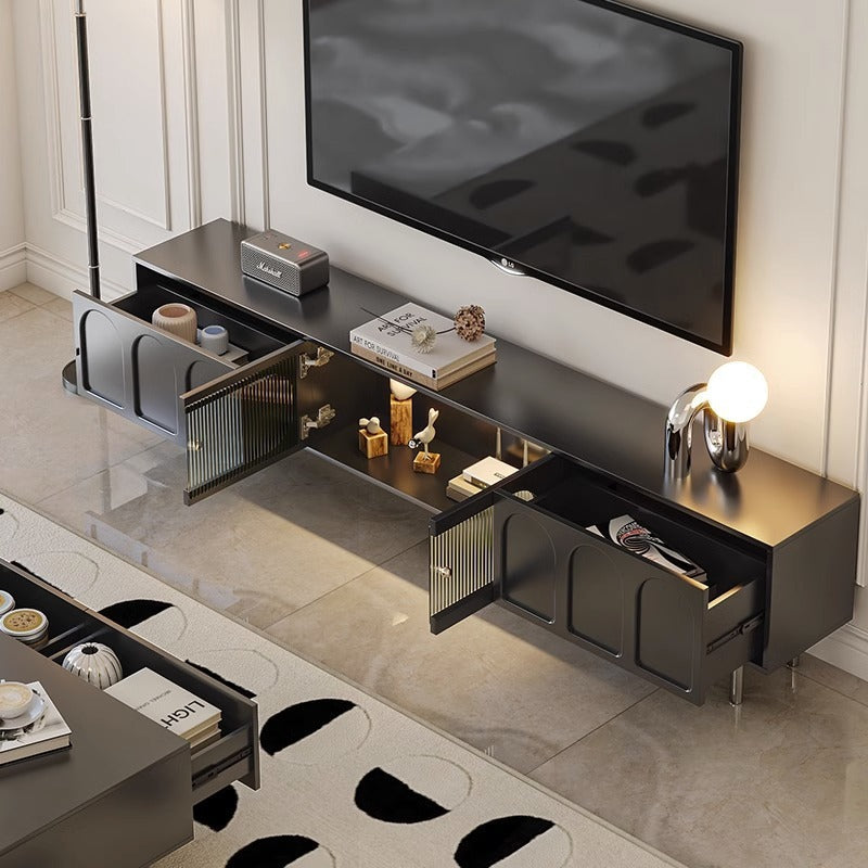 Traditional French-Style Engineered Wood TV Stand with Stainless Steel and Glass, Cylindrical-Rectangular Design, 2 Drawers for Living Room