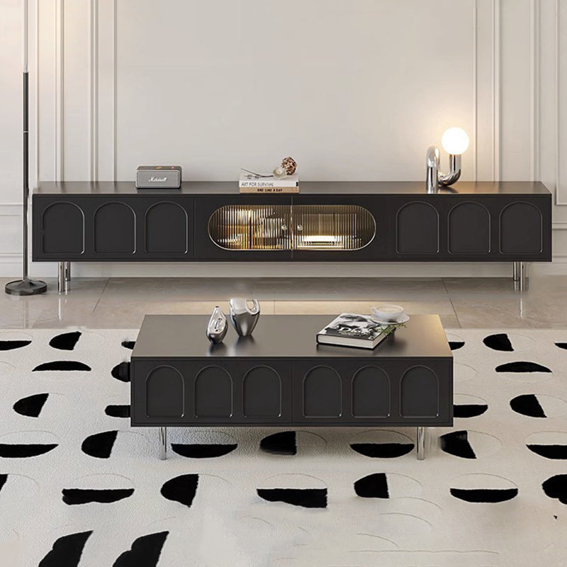 Traditional French-Style Engineered Wood TV Stand with Stainless Steel and Glass, Cylindrical-Rectangular Design, 2 Drawers for Living Room