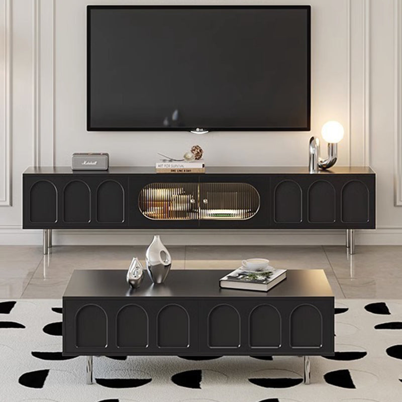 Traditional French-Style Engineered Wood TV Stand with Stainless Steel and Glass, Cylindrical-Rectangular Design, 2 Drawers for Living Room