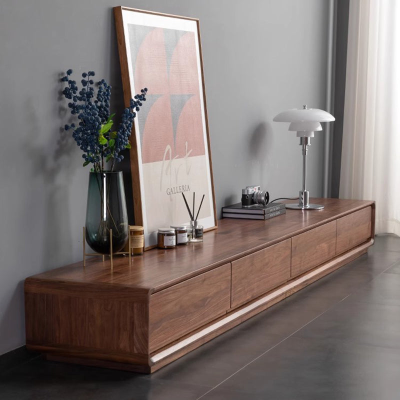 Traditional Chinese-Style Black Walnut Wood TV Stand with 4 Drawers — Rounded Rectangular Design for Living Room