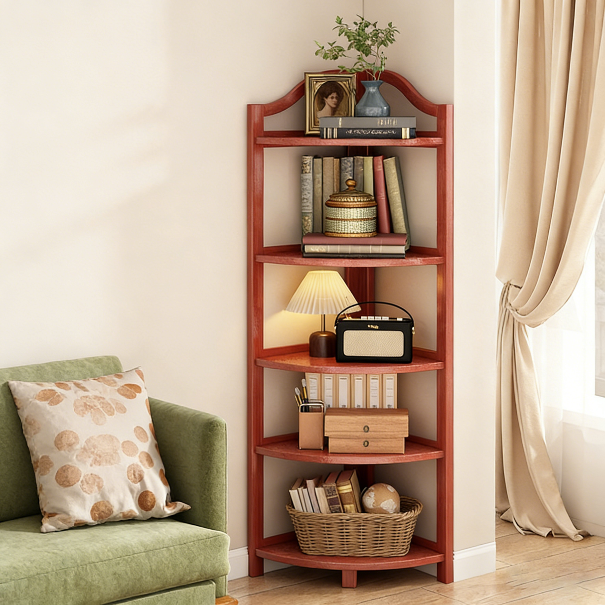 Modern Minimalist Bamboo Fan-Shaped Right-Angle Corner Shelf Unit — 3/4/5/6-Tier for Living Room