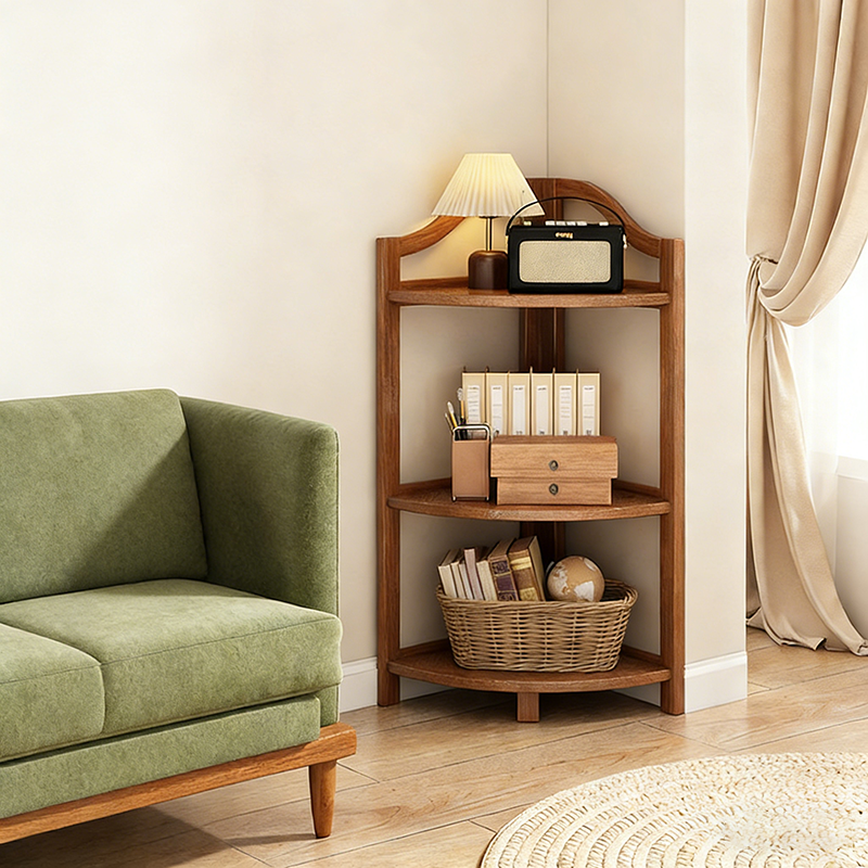 Modern Minimalist Bamboo Fan-Shaped Right-Angle Corner Shelf Unit — 3/4/5/6-Tier for Living Room