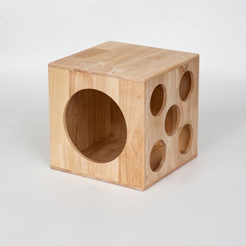 Traditional Chinese Rubberwood Cat Bed with Built-In Storage – Square & Round Design for Bedroom