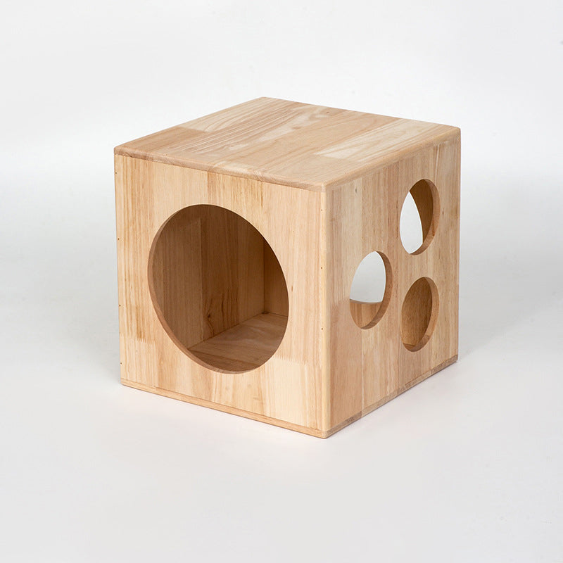 Traditional Chinese Rubberwood Cat Bed with Built-In Storage – Square & Round Design for Bedroom