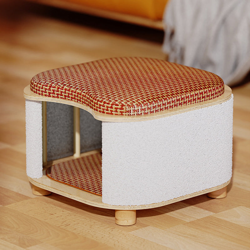 Traditional Chinese Solid Wood Cat House with Rattan Mat — 2-Tier, Curved Square Design for Bedroom