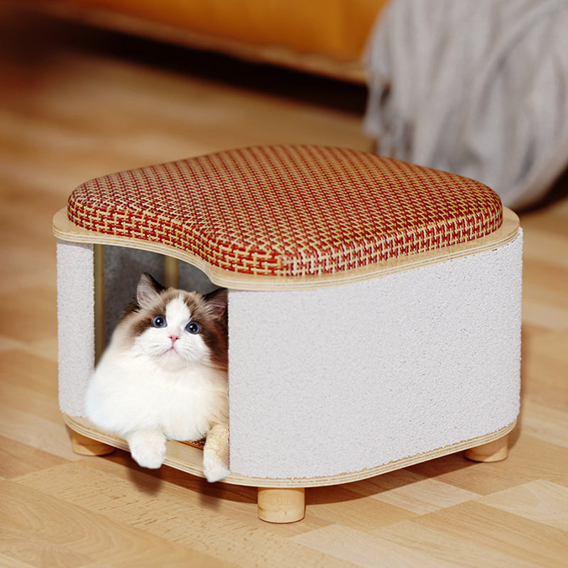 Traditional Chinese Solid Wood Cat House with Rattan Mat — 2-Tier, Curved Square Design for Bedroom
