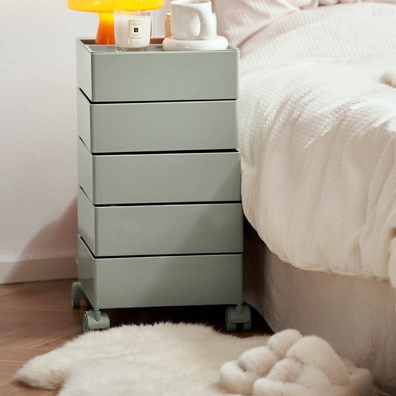 Contemporary Nordic Square ABS End Table with Rotating Drawer, 5-Tier Storage on Casters – Ideal Bedroom Accent