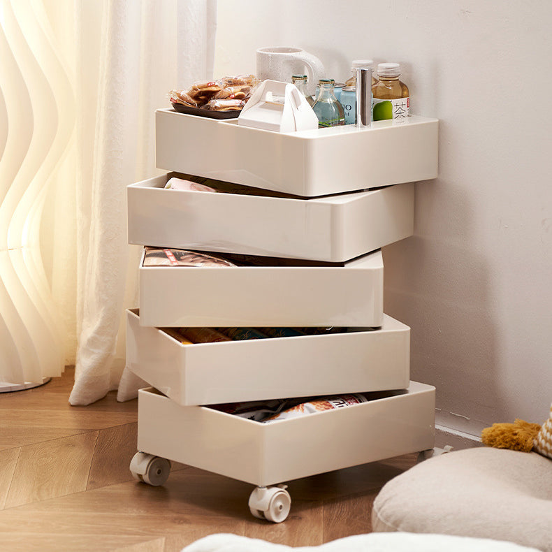 Contemporary Nordic Square ABS End Table with Rotating Drawer, 5-Tier Storage on Casters – Ideal Bedroom Accent