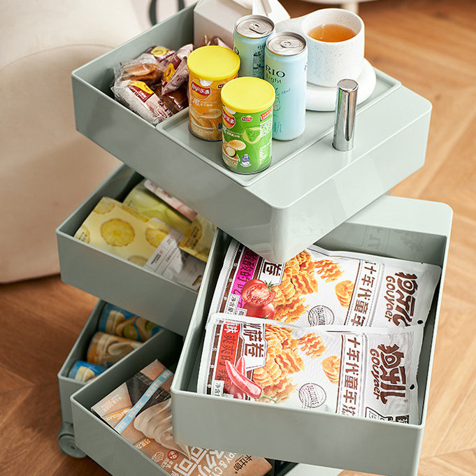 Contemporary Nordic Square ABS End Table with Rotating Drawer, 5-Tier Storage on Casters – Ideal Bedroom Accent