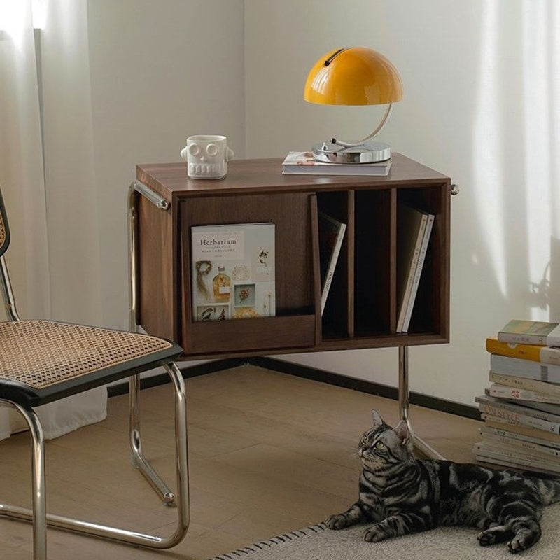Traditional Japanese Rectangular End Table in Solid Wood and Stainless Steel with Storage Cabinet for Living Room