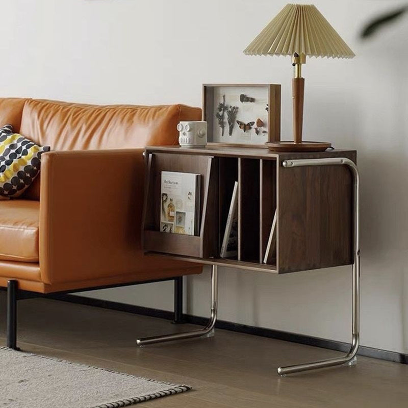 Traditional Japanese Rectangular End Table in Solid Wood and Stainless Steel with Storage Cabinet for Living Room
