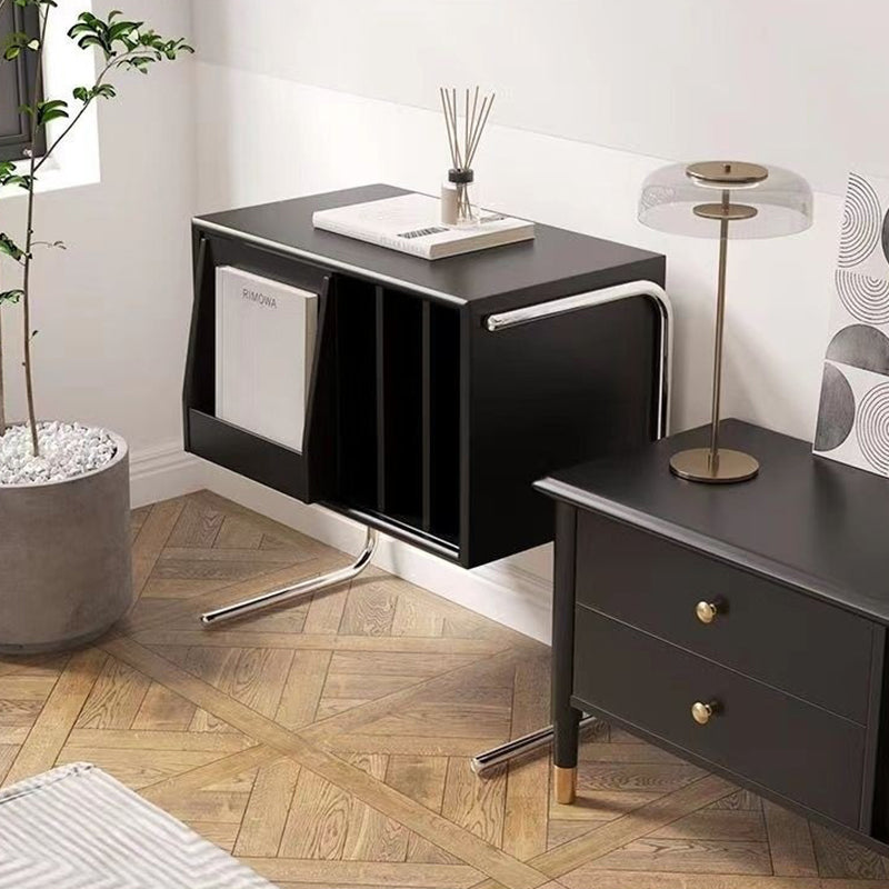 Traditional Japanese Rectangular End Table in Solid Wood and Stainless Steel with Storage Cabinet for Living Room