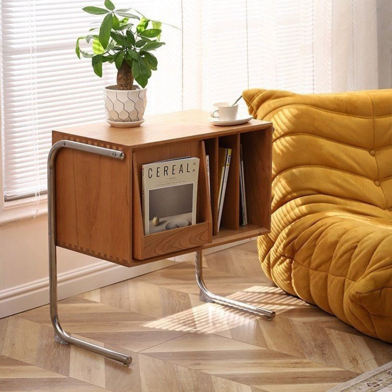 Traditional Japanese Rectangular End Table in Solid Wood and Stainless Steel with Storage Cabinet for Living Room