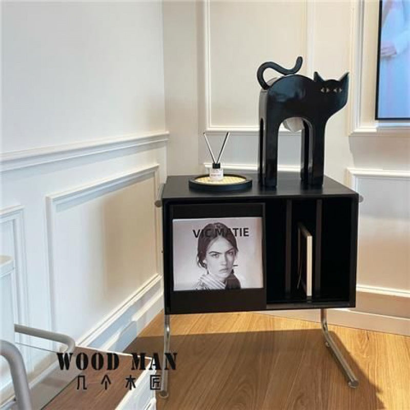 Traditional Japanese Rectangular End Table in Solid Wood and Stainless Steel with Storage Cabinet for Living Room