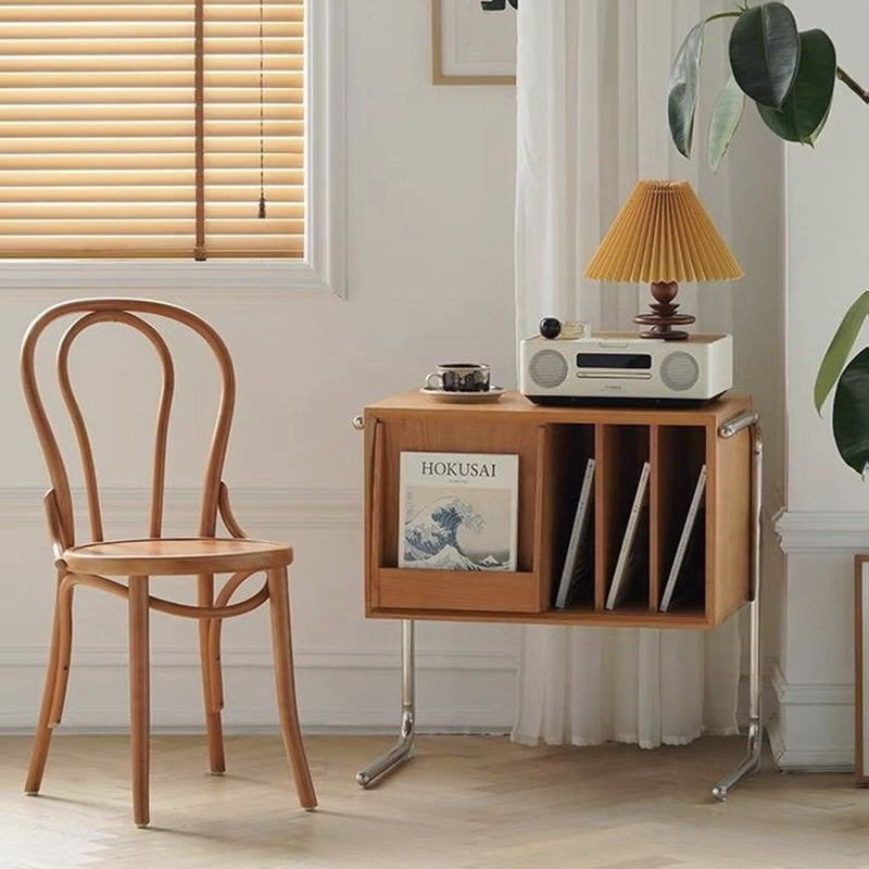 Traditional Japanese Rectangular End Table in Solid Wood and Stainless Steel with Storage Cabinet for Living Room
