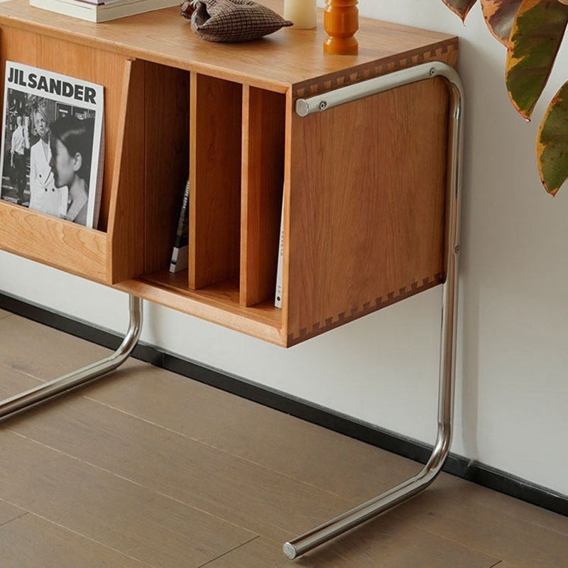 Traditional Japanese Rectangular End Table in Solid Wood and Stainless Steel with Storage Cabinet for Living Room