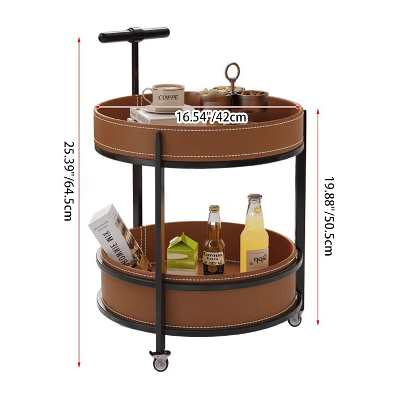 Luxurious Contemporary Saddle Leather Round-Top End Table with Iron Frame and Rolling Cart – 2-Tier Storage Shelves for Living Room