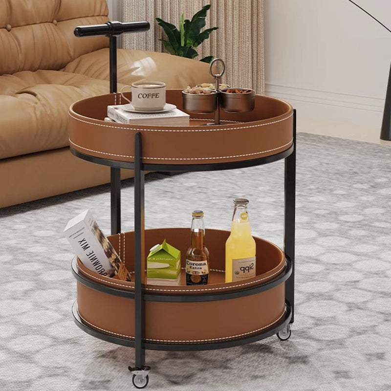 Luxurious Contemporary Saddle Leather Round-Top End Table with Iron Frame and Rolling Cart – 2-Tier Storage Shelves for Living Room