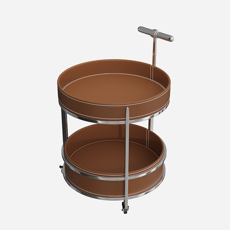 Luxurious Contemporary Saddle Leather Round-Top End Table with Iron Frame and Rolling Cart – 2-Tier Storage Shelves for Living Room