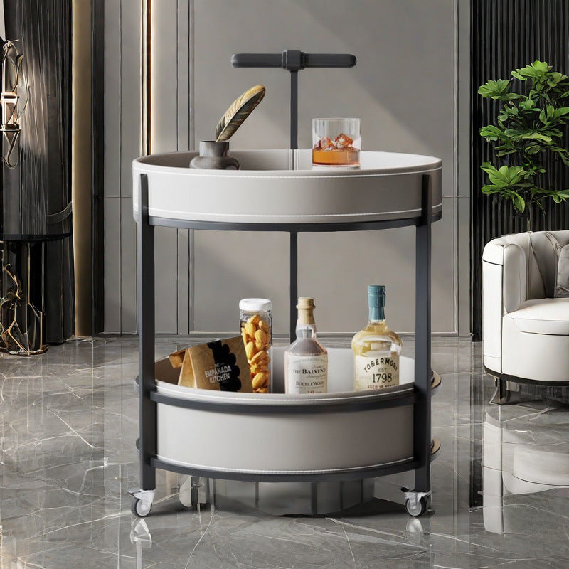 Luxurious Contemporary Saddle Leather Round-Top End Table with Iron Frame and Rolling Cart – 2-Tier Storage Shelves for Living Room