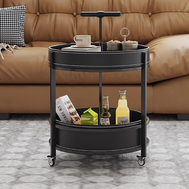 Luxurious Contemporary Saddle Leather Round-Top End Table with Iron Frame and Rolling Cart – 2-Tier Storage Shelves for Living Room