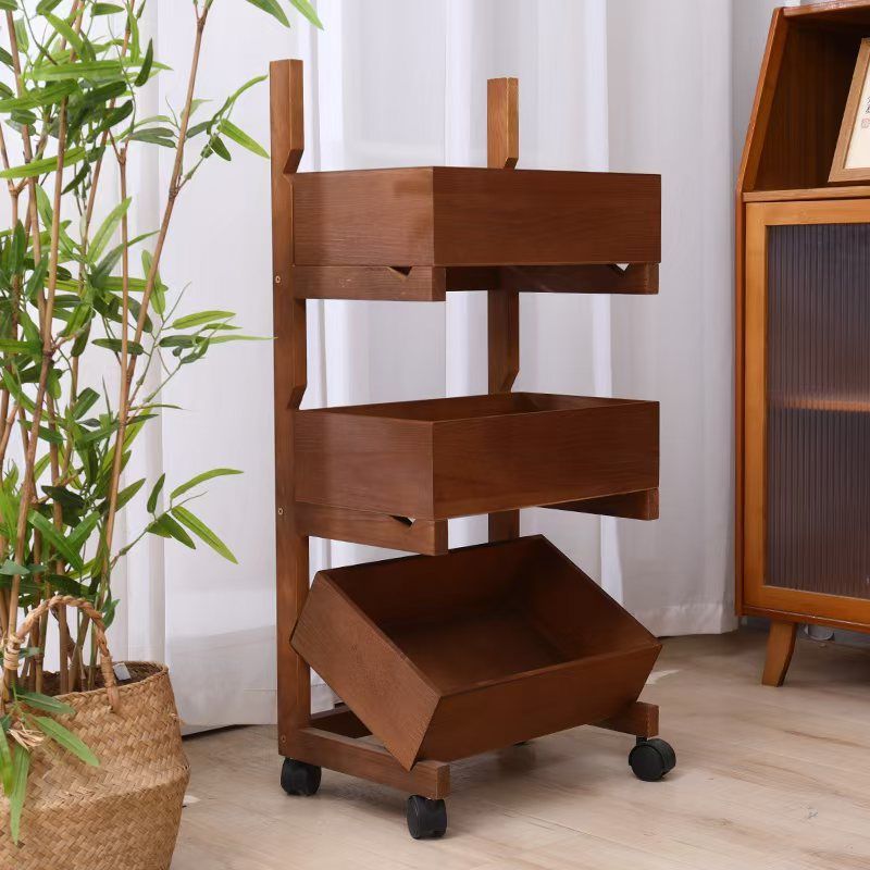 Traditional Farmhouse Wooden Floor-Standing 3-4 Tier Storage Shelves with Wheels – Snack Display Rack for Living Room