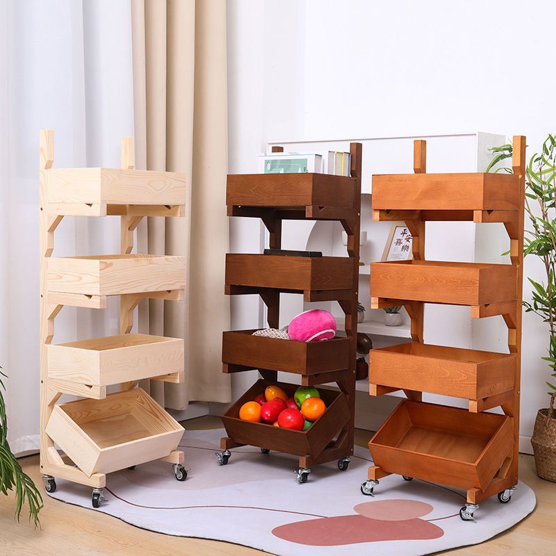 Traditional Farmhouse Wooden Floor-Standing 3-4 Tier Storage Shelves with Wheels – Snack Display Rack for Living Room