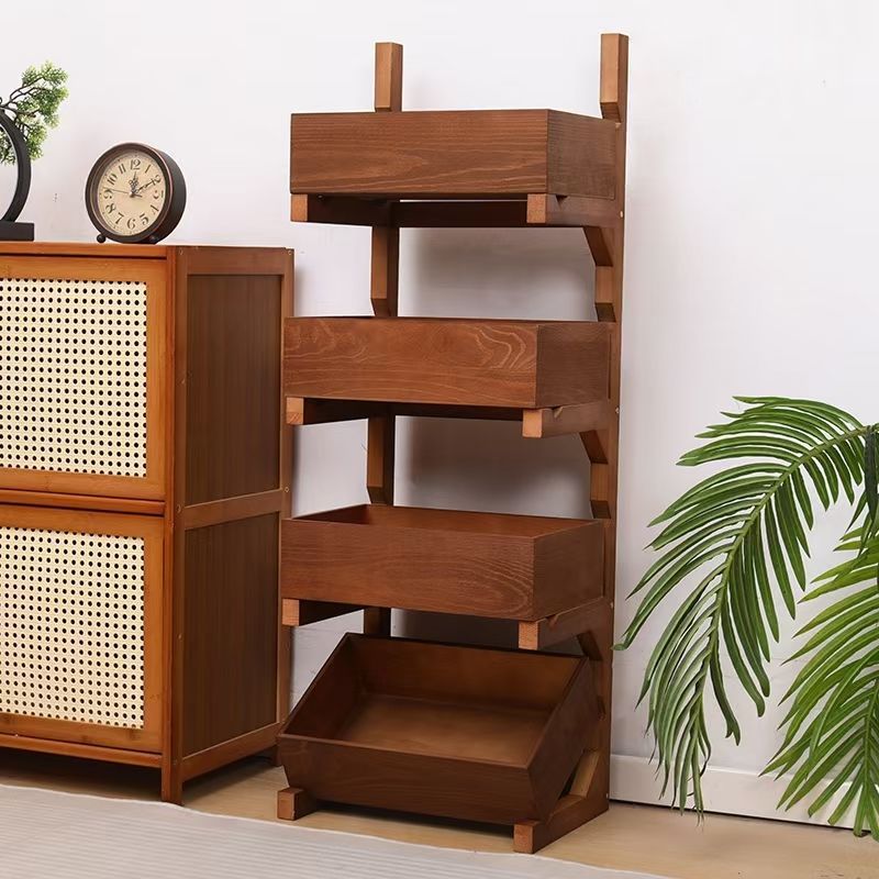 Traditional Farmhouse Wooden Floor-Standing 3-4 Tier Storage Shelves with Wheels – Snack Display Rack for Living Room
