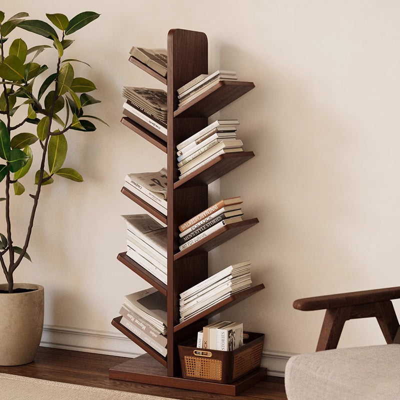 Tree-Shaped Solid Wood Bookshelves – Contemporary Retro Design, 5/8/10-Tier Floor-Standing Shelves for Home Office