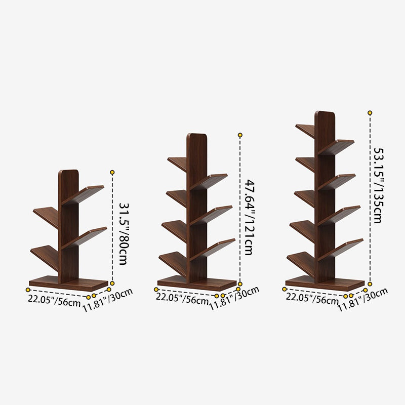 Tree-Shaped Solid Wood Bookshelves – Contemporary Retro Design, 5/8/10-Tier Floor-Standing Shelves for Home Office