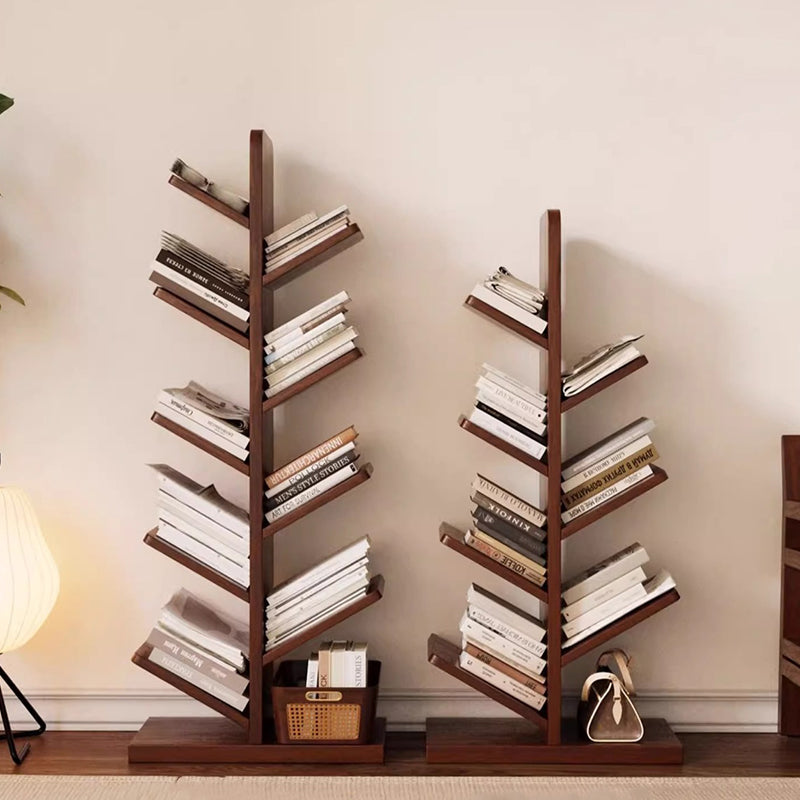 Tree-Shaped Solid Wood Bookshelves – Contemporary Retro Design, 5/8/10-Tier Floor-Standing Shelves for Home Office