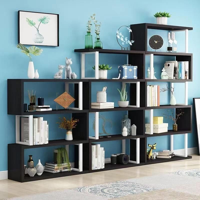 Sleek Contemporary Scandinavian Geometric Vertical Bookshelves in MDF & Steel, 3/4/5/6-Tier Open-Back Standing Shelves for Home Office