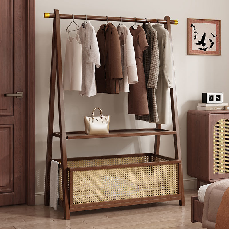 Chic Contemporary Retro Trapezoid Bamboo Hall Tree with Wheels, Rattan Laundry Basket and Coat Rack – Multifunctional Entryway Organizer