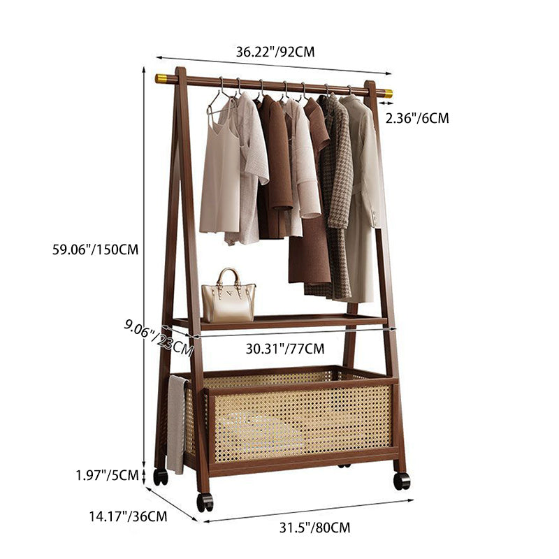 Chic Contemporary Retro Trapezoid Bamboo Hall Tree with Wheels, Rattan Laundry Basket and Coat Rack – Multifunctional Entryway Organizer
