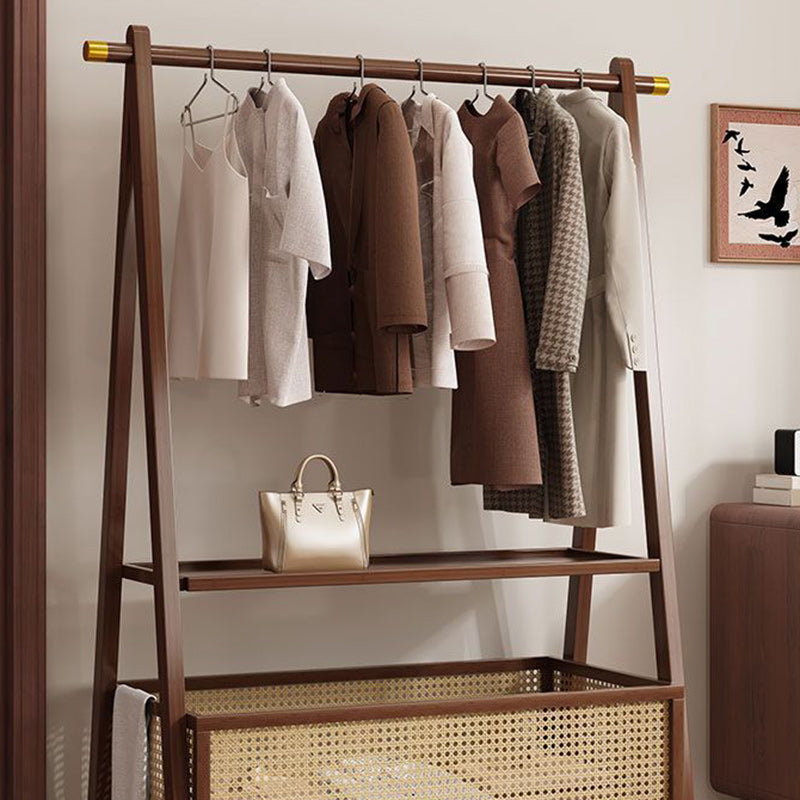 Chic Contemporary Retro Trapezoid Bamboo Hall Tree with Wheels, Rattan Laundry Basket and Coat Rack – Multifunctional Entryway Organizer
