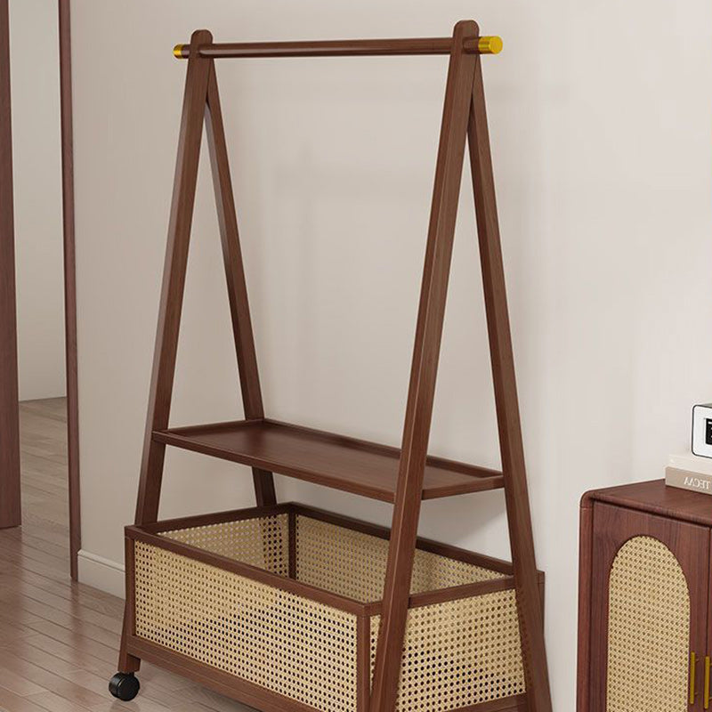 Chic Contemporary Retro Trapezoid Bamboo Hall Tree with Wheels, Rattan Laundry Basket and Coat Rack – Multifunctional Entryway Organizer