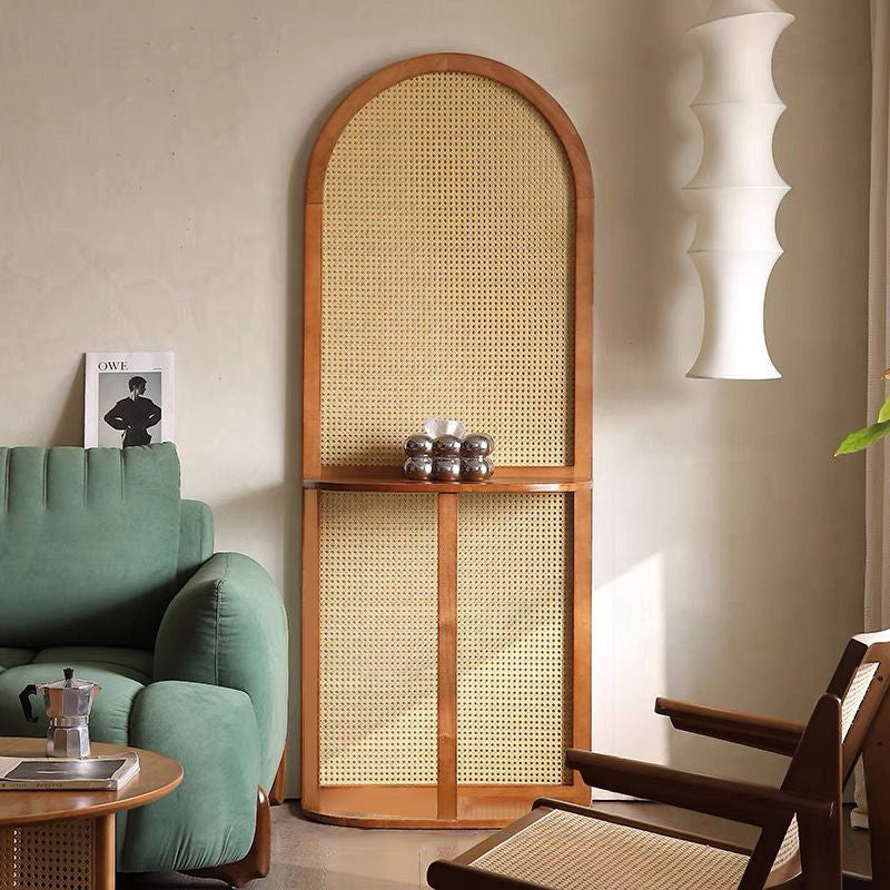 Contemporary Retro Rattan & Solid Wood Movable Corner Shelf – 2- or 4-Tier Storage, Room Divider for Living Room